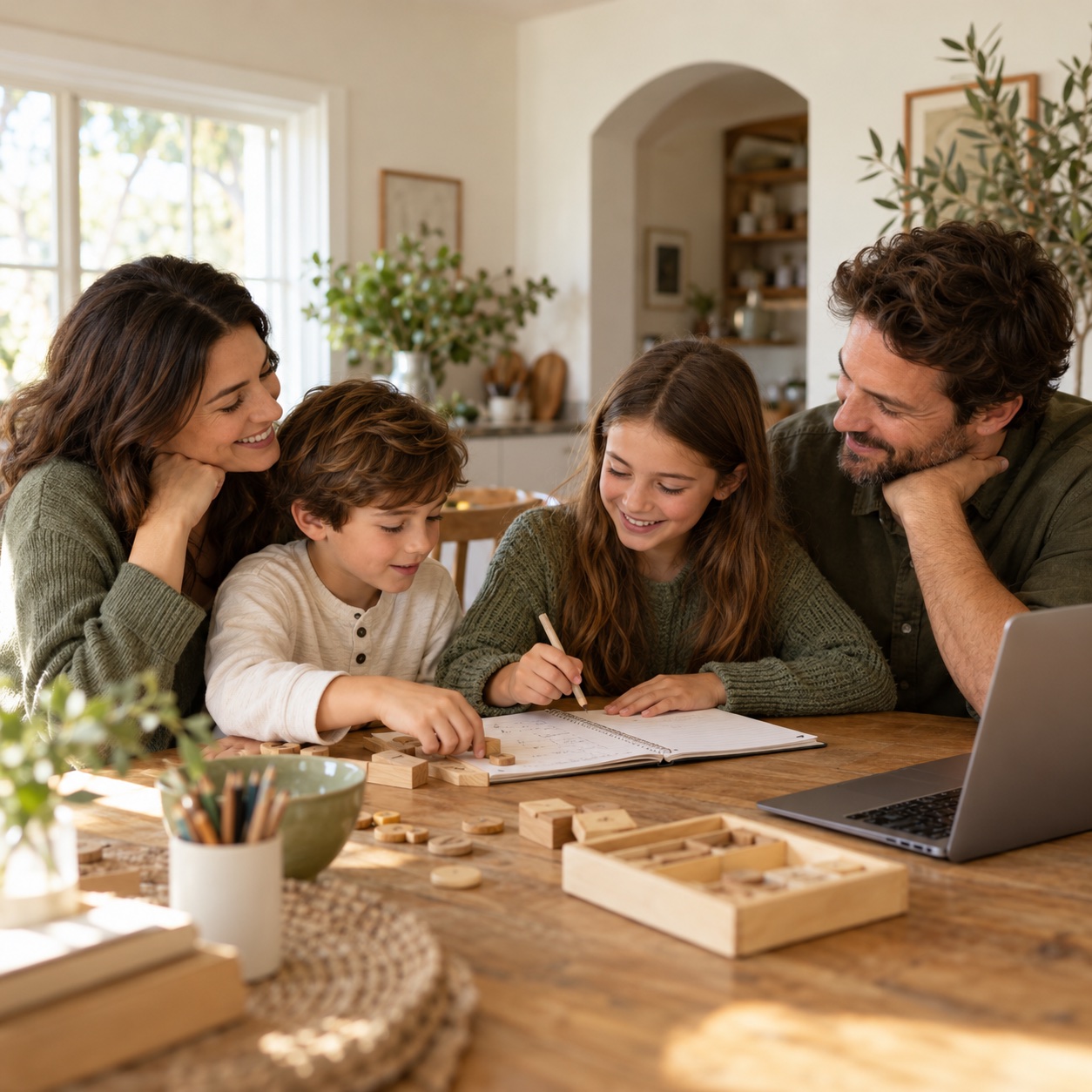 A family sharing a learning activity at home