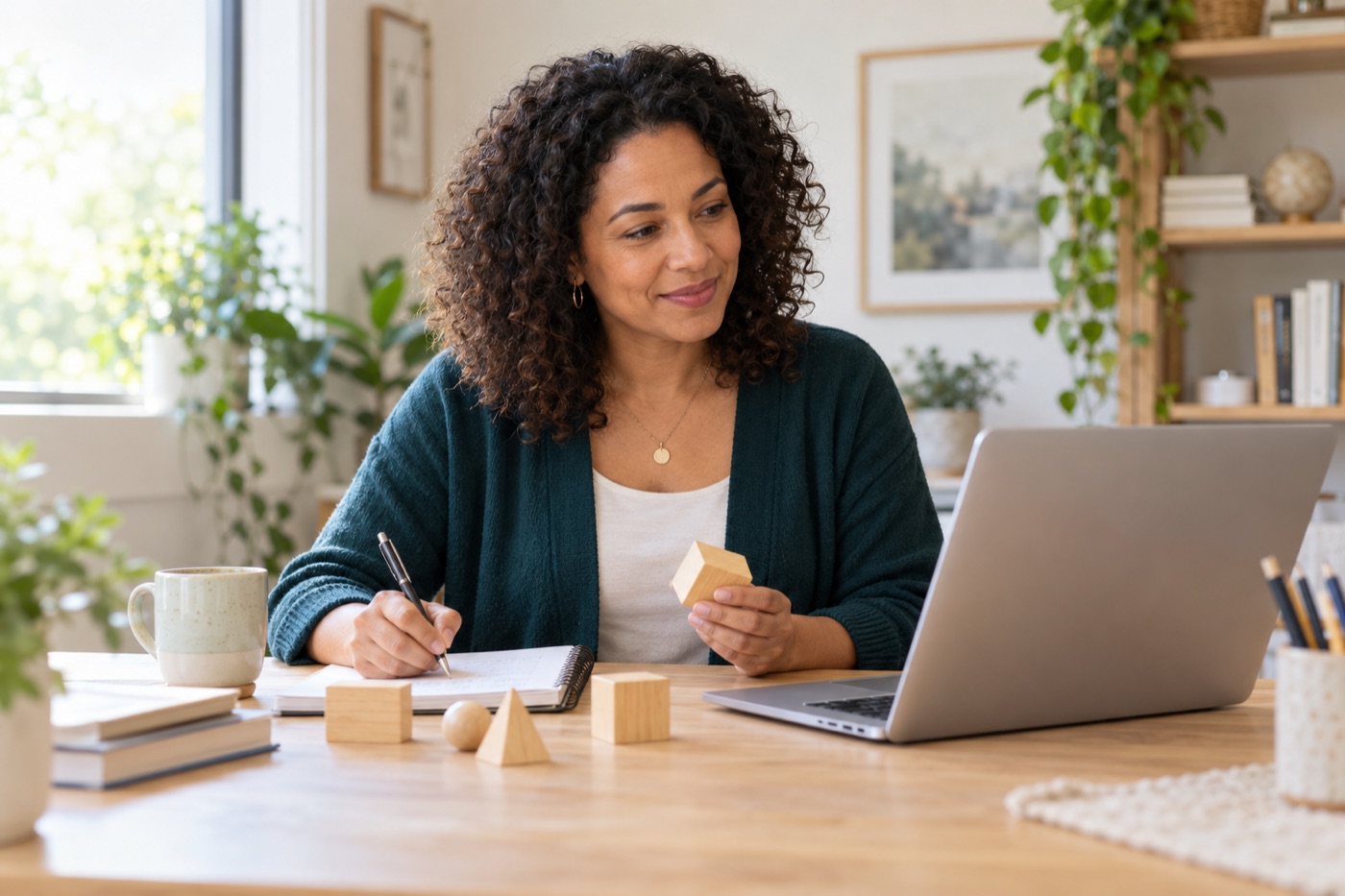 Illustrative image of an educator preparing a lesson with a notebook and learning blocks